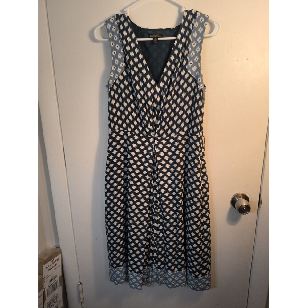 Brooks Brothers Silk Ikat Dress Sz 6 Navy Blue White Geometric Sleeveless Pleate